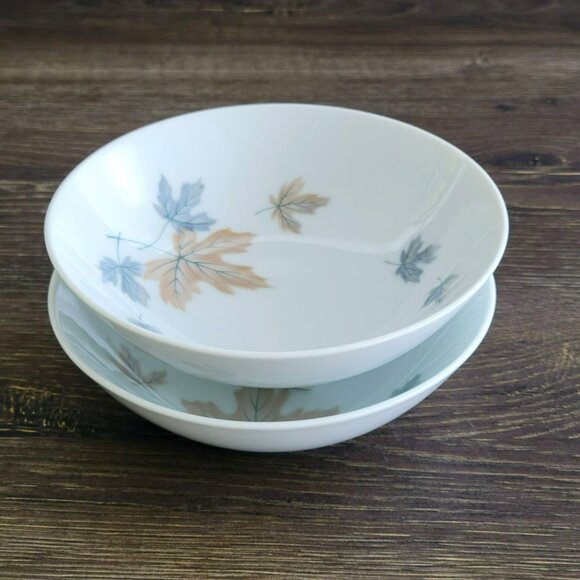 Vintage Noritake Maplewood Cereal Bowl Set of 2 Blue & Tan Autumn Leaves c.1960s - Picture 1 of 13